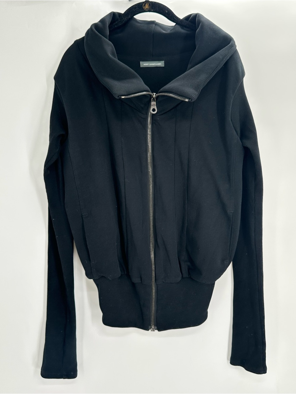 Herff Christiansen Black Ribbed Oversized Collar Zip Jacket Size M